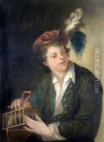 Junger Mann Mit Vogelbauer Oil Painting - Alexis Grimou