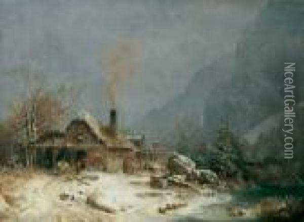 Schmiede Im Winter. Oil Painting - Heinrich Burkel