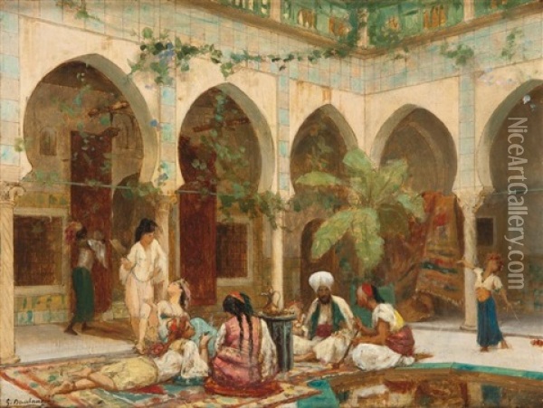 La Cour De Palais De Dar Khdaouedj El Amia, Alger (+ Preparatory Sketch, Lrgr; 2 Works) Oil Painting - Gustave Clarence Rodolphe Boulanger
