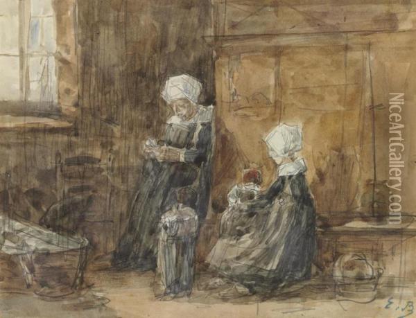 Deux Bretonnes Dans Un Interieur Oil Painting - Eugene Boudin