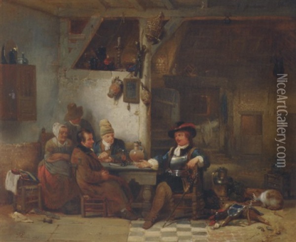 L'interieur D'auberge: A Soldier's Tales Oil Painting - Hendrik Jan Augustyn Leys