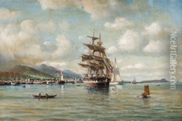 Clipper Ship In Oahu With Diamond Head In The Distance Oil Painting - William Alexander Coulter