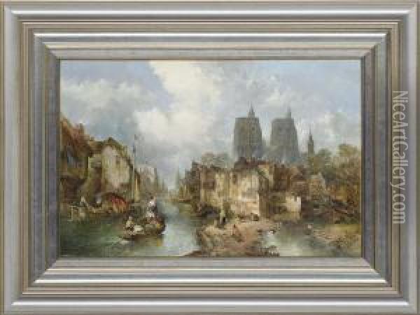 A Riverside Village Scene With Picturesque Figures Oil Painting - Alfred Montague