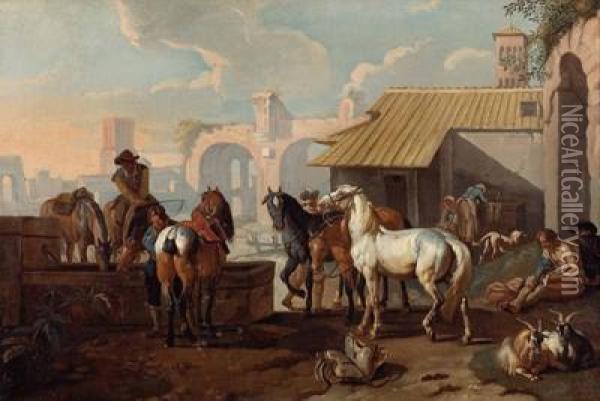 Pferde An Der Tranke Vor Stadtromischen Ruinen Oil Painting - Pieter van Bloemen