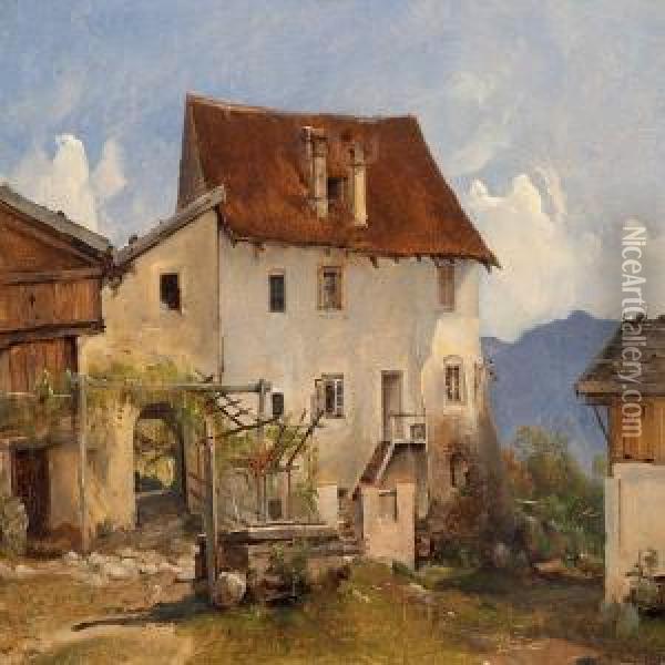 Houses In The Mountains In Tirol Near Meran Oil Painting - Vilhelm Petersen