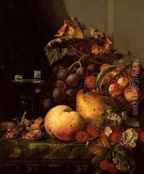 A Still Life of a Glass of Wine Cherries and other fruit on a Ledge Oil Painting - Edward Ladell