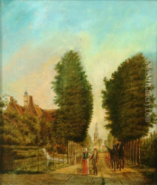 An Avenue Withfirgures And A Horse Drawn Wagon Oil Painting - Wouterus De Nooy