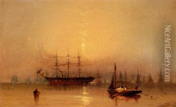 Sunset On Boston Harbor Oil Painting - James Hamilton
