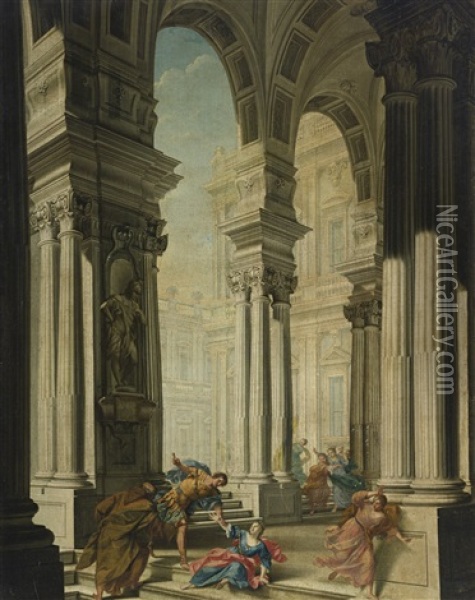 Architectural Scene With Figures, Possibly A Scene From An Opera Oil Painting - Ferdinando Galli Bibiena