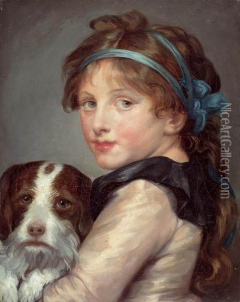 Girl With Dog. Oil Painting - Jean Baptiste Greuze