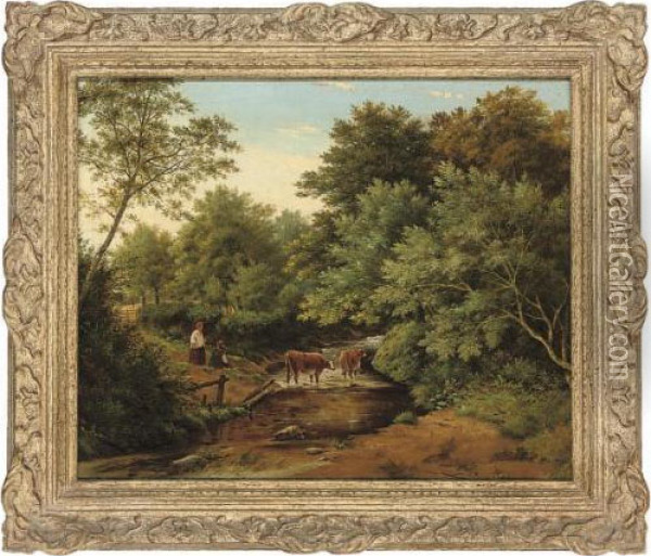 Cattle Watering In A Wooded Landscape Oil Painting - Julius Godet