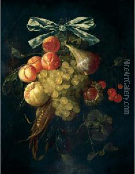 A Swag Of Abricots, Grapes, 
Cherries, A Fig, Chestnuts, Corn And Oranges Tied With A Blue Ribbon Oil Painting - Cornelis De Heem