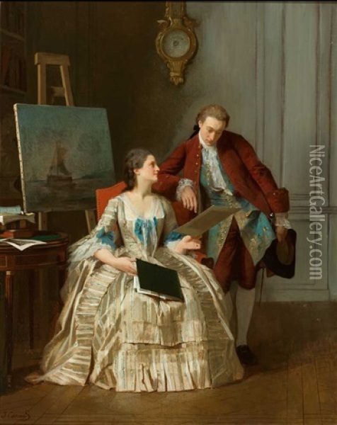 Galantes Paar Beim Studium Einer Zeichenmappe In Einem Klassizistisch Ausgestatteten Appartement Oil Painting - Joseph Caraud