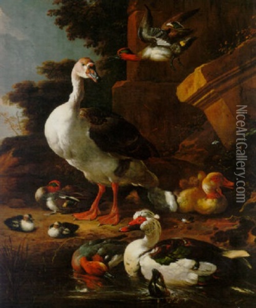 A Chinese Goose, An Egyptian Goose, A Muscovy Duck, A Wigion And Teal With Other Waterfowl By A Pond In A Park Oil Painting - Melchior de Hondecoeter