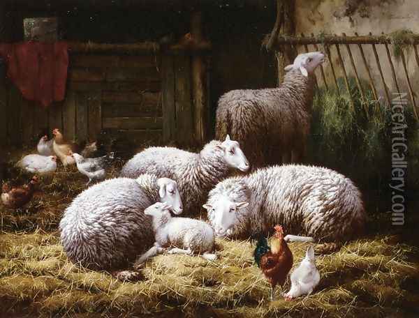Sheep, Roosters and Chickens in a Barn Oil Painting - Theo van Sluys