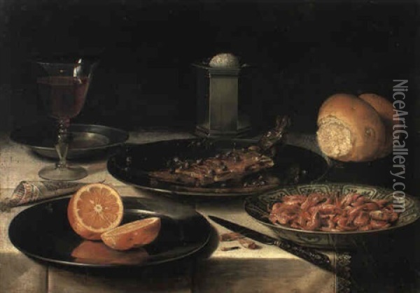 Herring With Capers, Orange On A Plate, Shrimp And Utensils On A Draped Table Oil Painting - Clara Peeters