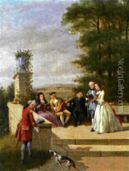 Chanteurs En Plein Air Sur Une Terrasse Oil Painting - Louis Charles Bombled