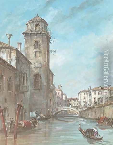 A view of a Venetian canal with a tower, a gondola in the foreground Oil Painting - Venetian School