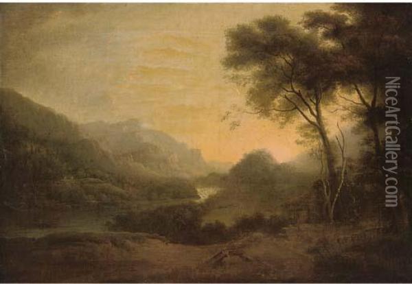 A Mountainous River Landscape Oil Painting - George Arnald