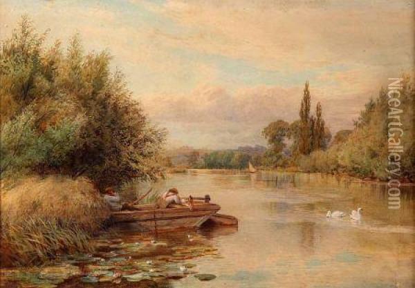 Figures Resting On A Hay Barge In Extensive River Landscape Oil Painting - William Bradley