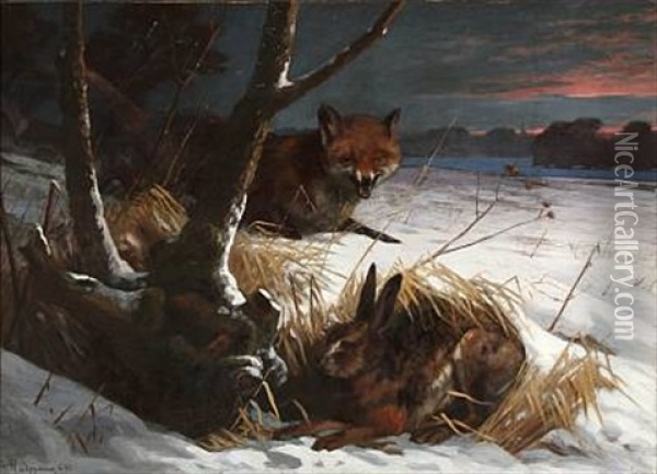 Winter Landscape With A Fox And A Hare Oil Painting - Adolf Heinrich Mackeprang