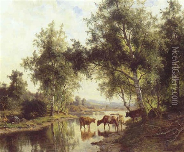 Koer Ved En Svensk Skovso Oil Painting - Edward (Johan-Edvard) Bergh