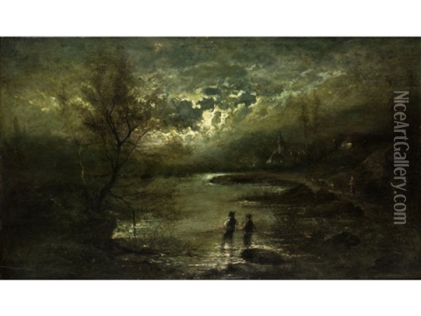 Fischer Im Uferwasser In Nachtlicher Seelandschaft Oil Painting - Edouard-Joris Moerenhout