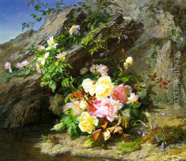 Bouquet De Roses Dans Les Rochers Oil Painting - Elise (Puyroche) Wagner