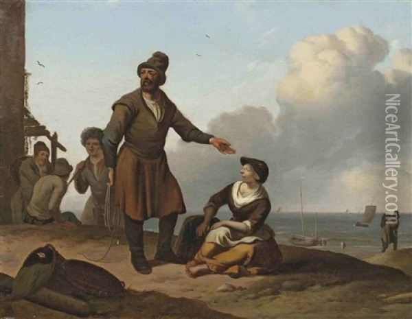 Coastal Landscape With Figures Unloading Boats Oil Painting - Ludolf Backhuysen the Elder