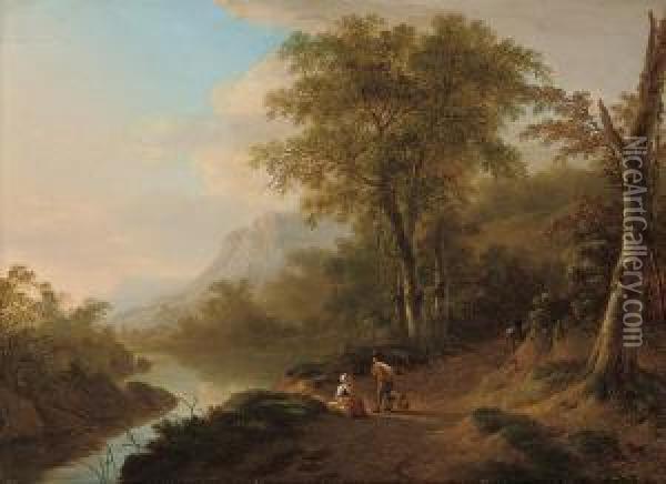 An Italianate River Landscape With Travellers On A Track Oil Painting - Lievine Teerlink