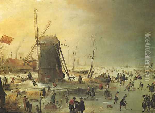 Winter Scene with Skaters by a Windmill Oil Painting - Hendrick Avercamp