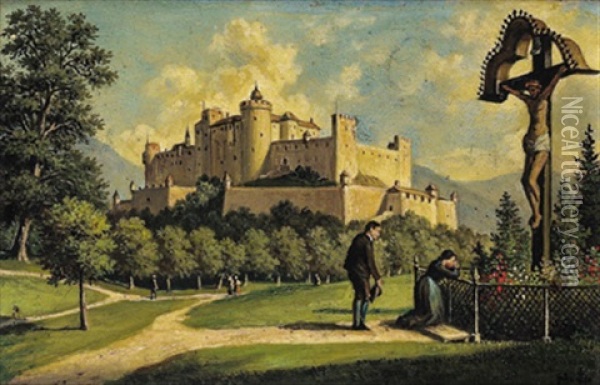 Die Festung Von Salzburg Vom Monchsberg Aus Oil Painting - Hubert Sattler