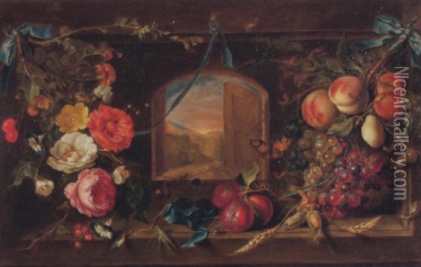 Blumen- Und Fruchtegebinde Vor Einem Fenster Mit Ausblick Auf Eine Landschaft Oil Painting - Abraham Mignon