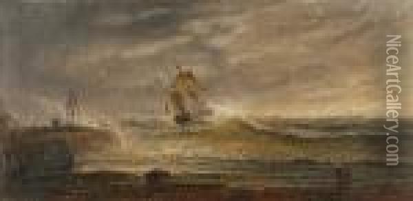 Coaster In Distress Off Southwold Pier Oil Painting - Arthur Joseph Meadows