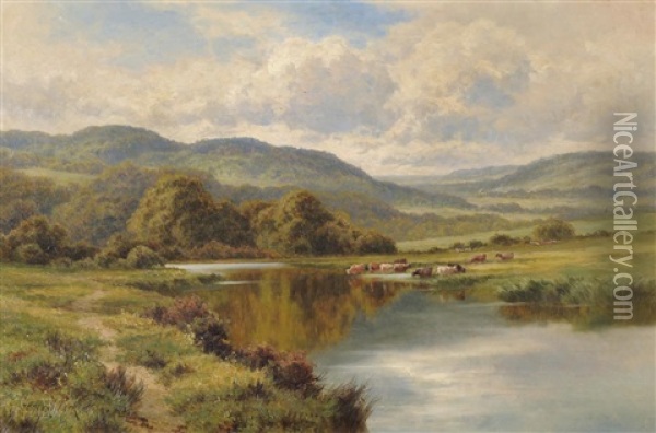 River Landscape With Cattle Watering Oil Painting - Henry H. Parker