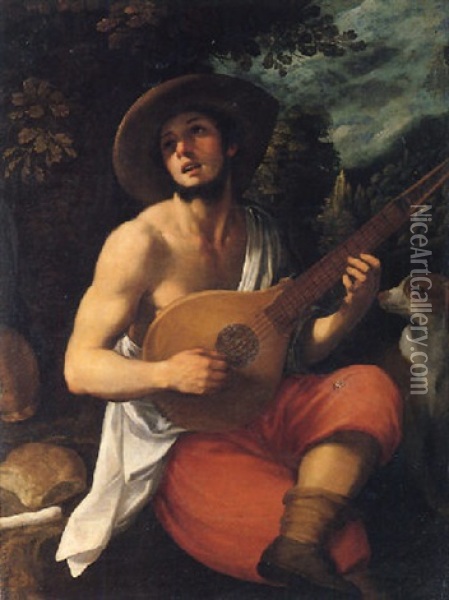 Portrait Of A Young Man, Playing A Cittern, A Landscape Beyond Oil Painting - Domenico (il Passignano) Cresti