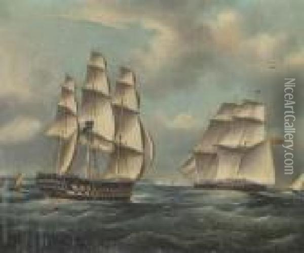 A British Two-decker Amidst Other Shipping In The Channel Oil Painting - Thomas Buttersworth
