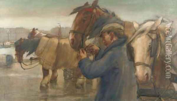 Tending to the horses on a Rotterdam quay Oil Painting - August Willem van Voorden