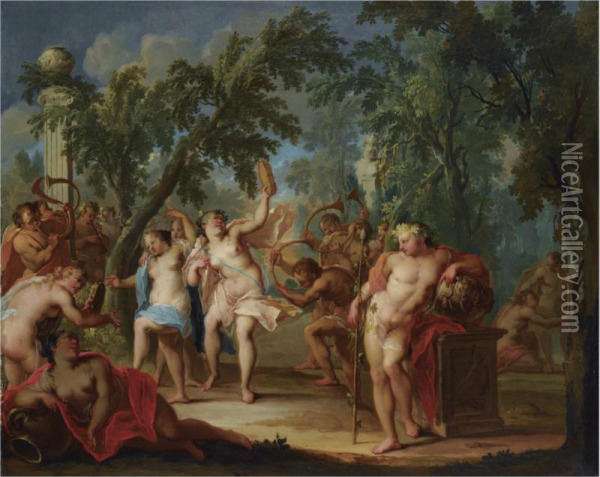 A Bacchanal In A Forest Landscape With Dancing Nymphs And Satyrs Playing The Horns Oil Painting - Johann Heinrich Keller
