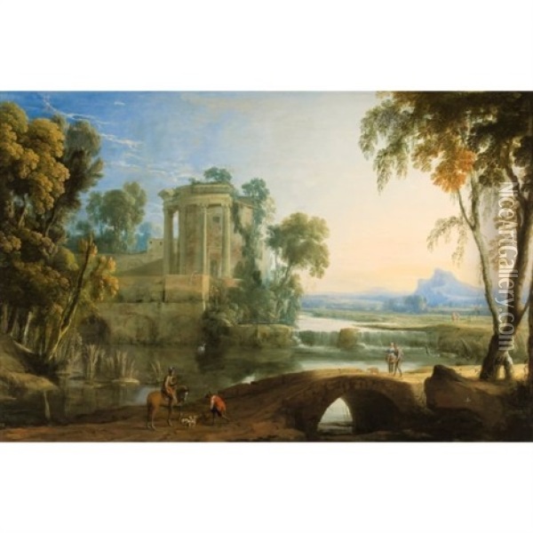 Paysage Panoramique Avec Un Temple De Vesta Pres D'une Cascatelle Oil Painting - Henri de Mauperche