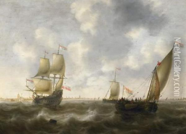 Ships On The Coast In Front Of A Dutch City Oil Painting - Jacob Adriaensz. Bellevois