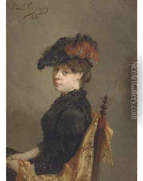 Portrait of a lady, half-length, seated, in a feather hat Oil Painting - Jean Baptiste Paul Lazerges