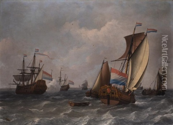 Seestuck Mit Kriegsschiffen Oil Painting - Aernout (Johann Arnold) Smit