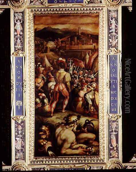 The Capture of Vicopisano from the ceiling of the Salone dei Cinquecento, 1565 Oil Painting - Giorgio Vasari