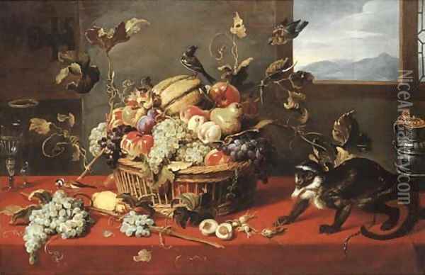 A melon, grapes, apples, pears, peaches and other fruit in a basket, with two facon-de-Venise wineglasses Oil Painting - Frans Snyders