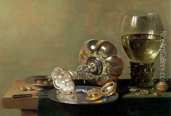 A still life with glass of wine, tazza and a pewter plate Oil Painting - Hans van Sant