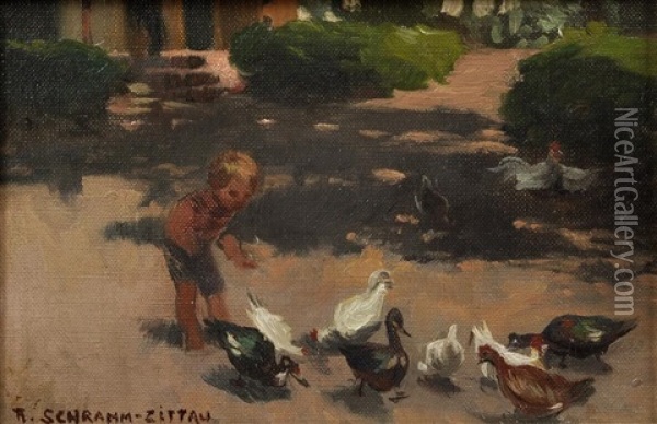 Junge, Geflugel Futternd Oil Painting - Max Rudolf Schramm-Zittau