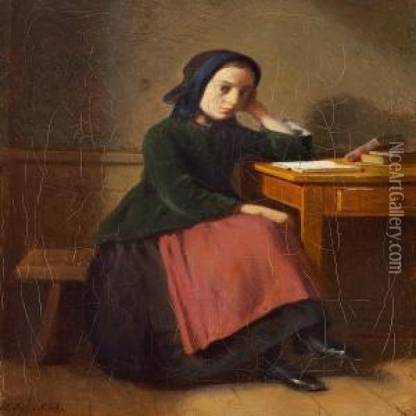 En Lille Pige, Som Laeser Lektier Oil Painting - Hermann Carl Siegumfeldt