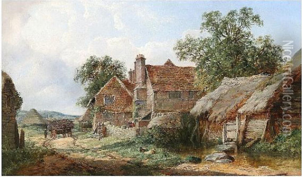 Farmstead With Cart And Figures Before Oil Painting - John Wilson