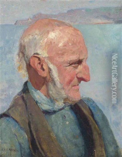 Portrait Of A Man, Bust-length, In A Blue Shirt And A Brown Waistcoat Oil Painting - Frederick H.A. Parker